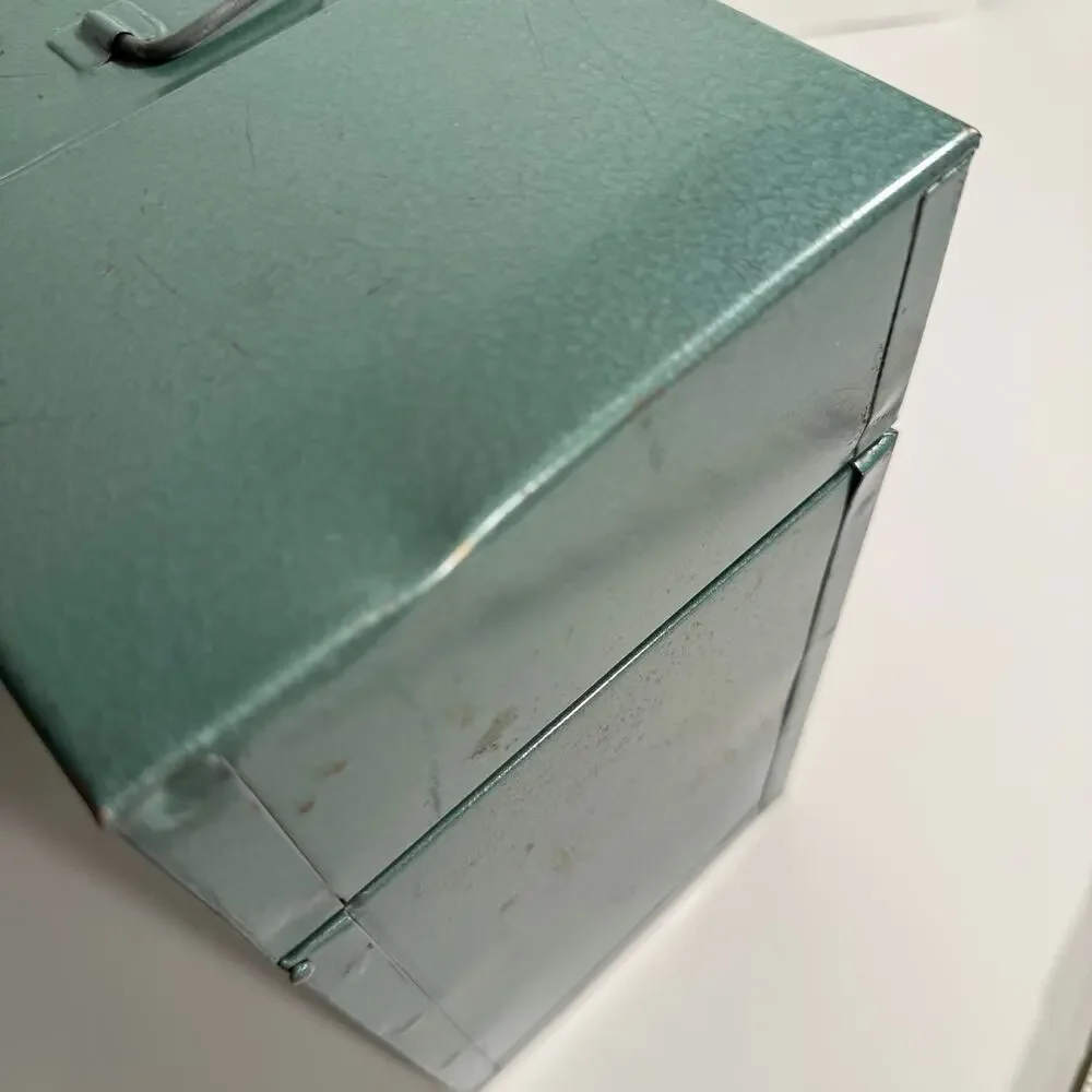 Vintage Metal File Box Hammered Stanley Green 12.5” x 4.5” x 8.5” Latch Handle